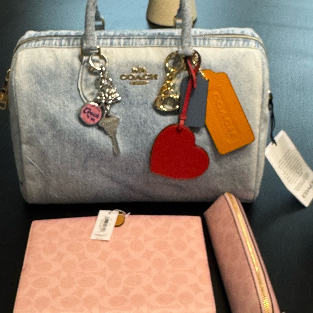 Coach Light Denim Satchel with Red Heart Charm